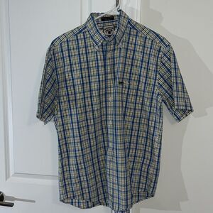 Blue/Yellow Classic Fit Faconnable Seersucker Summer cotton short sleeve shirt M
